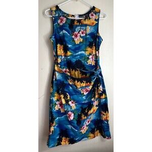 Pacific Legend Sleeveless Faux Wrap Above Knee Dress Women's Sz M Blue Tropical